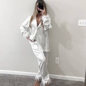 White Fox Boutique White Satin Pajama Set with Feather Trim